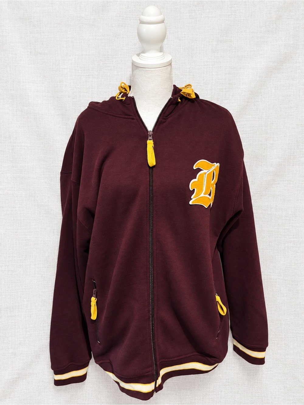 Hardcore Men’s Large Burgundy Varsity Full Zip Hoodie Yellow Logo Y2K